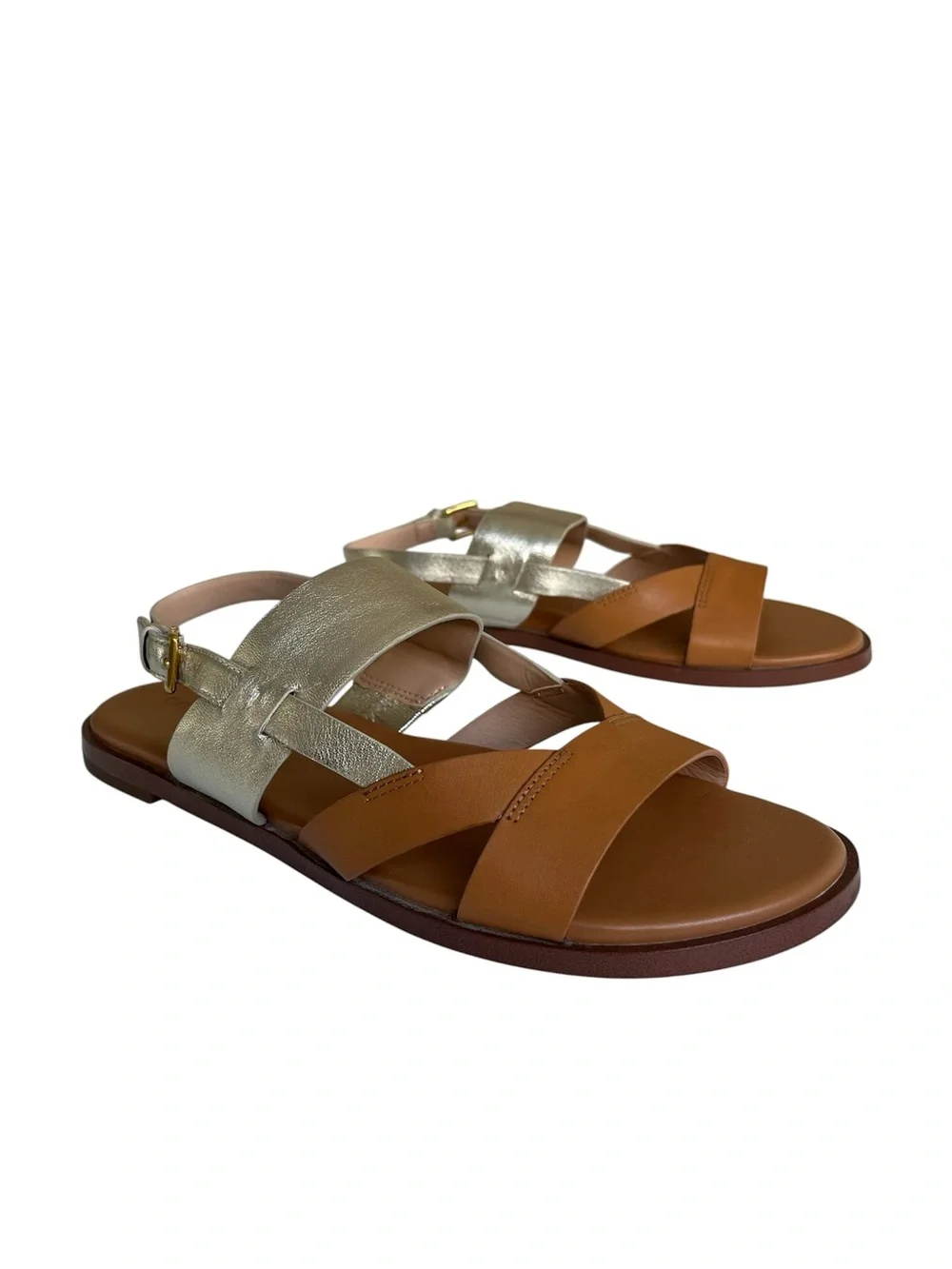Cole Haan Tan and Gold Leather Cross-Strap Sandals - Picture 3 of 3
